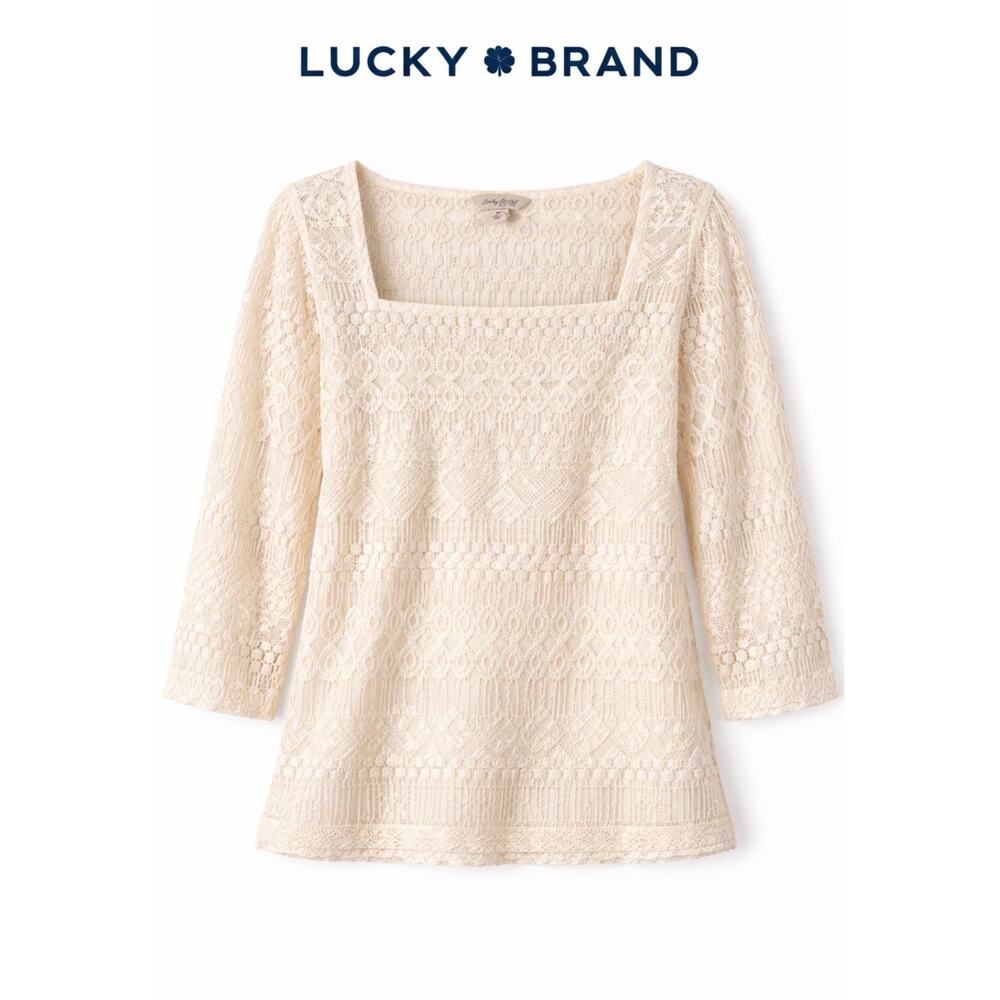 Lucky Brand Cream Open Knit Crochet Long Sleeve Top Size M